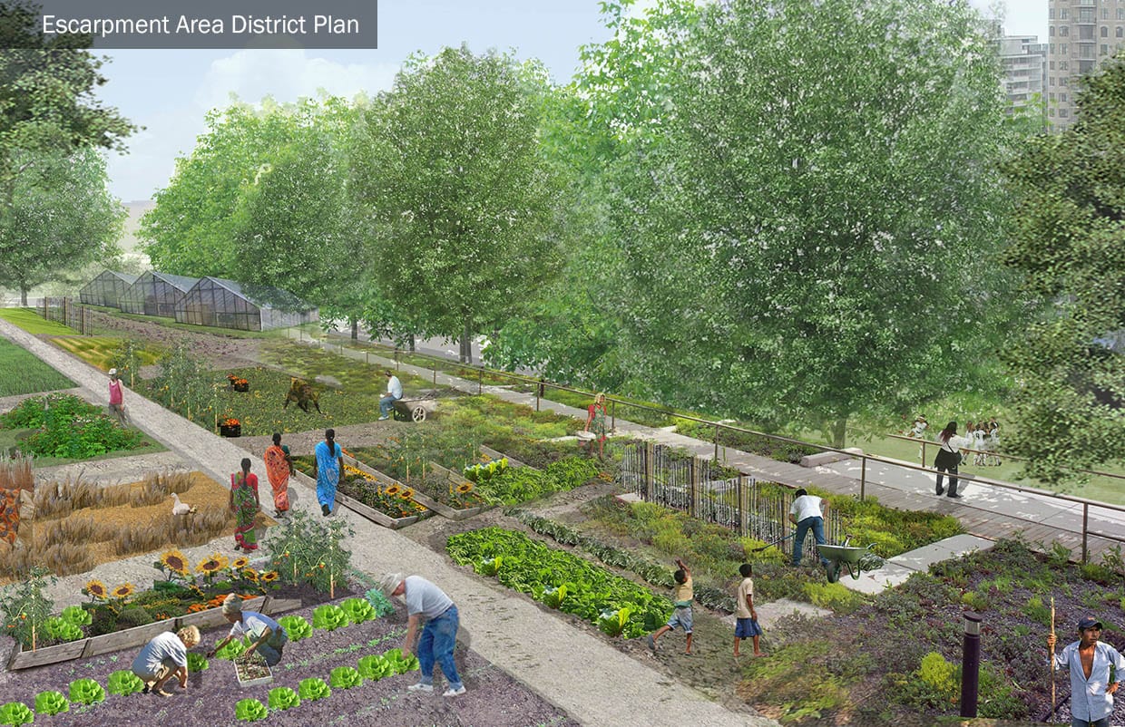 Rendering of people in a community garden.