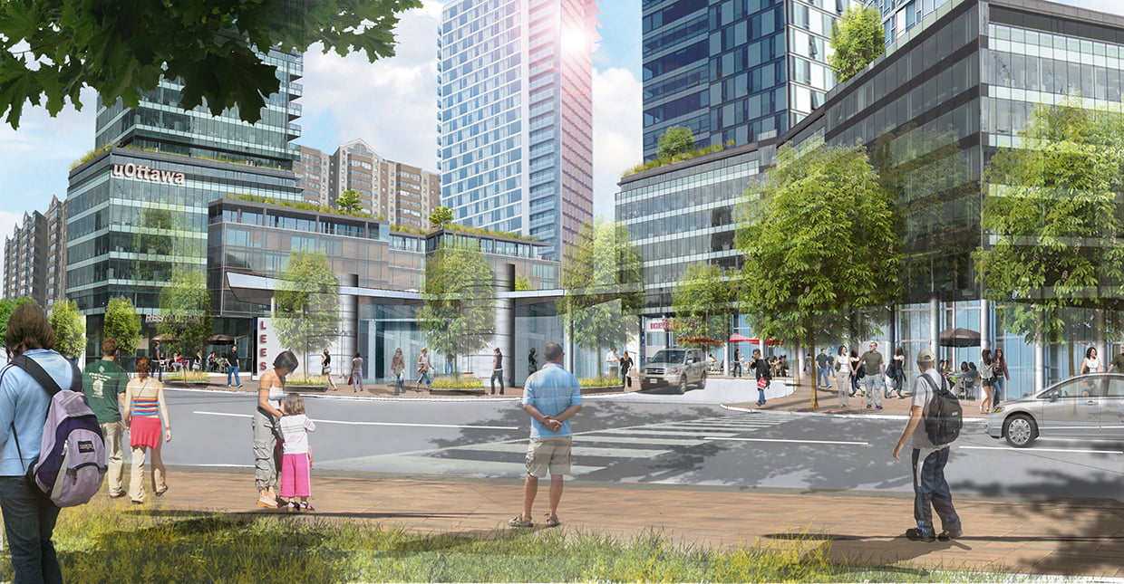 Rendered image of people walking around the University of Ottawa.