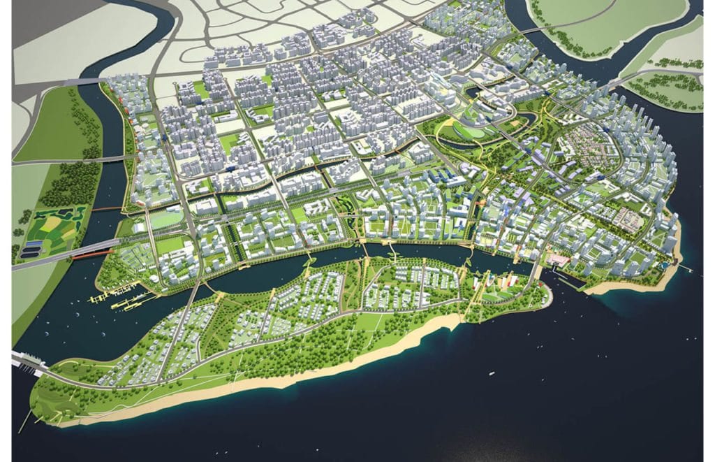 Rendering of waterfront neighbourhoods.