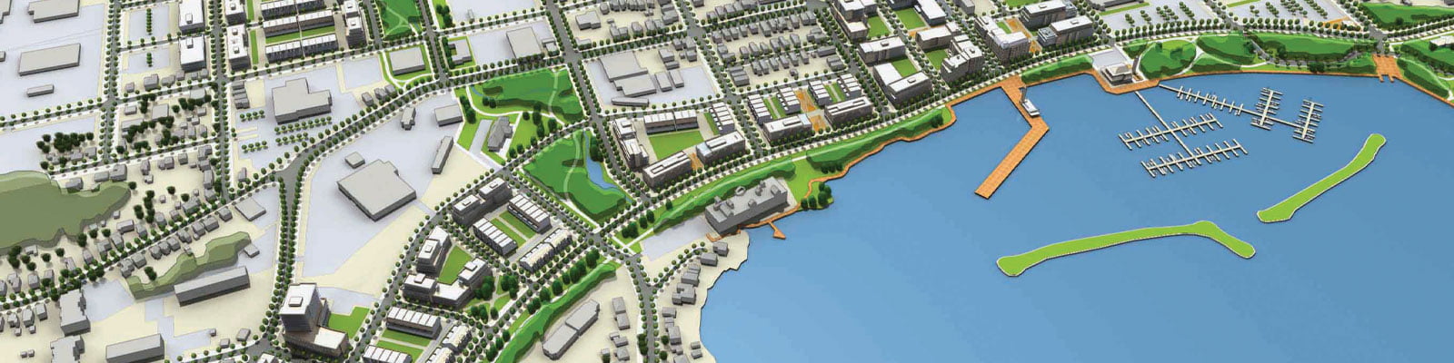 Orillia Downtown and Waterfront Revitalization Plan aerial rendering.