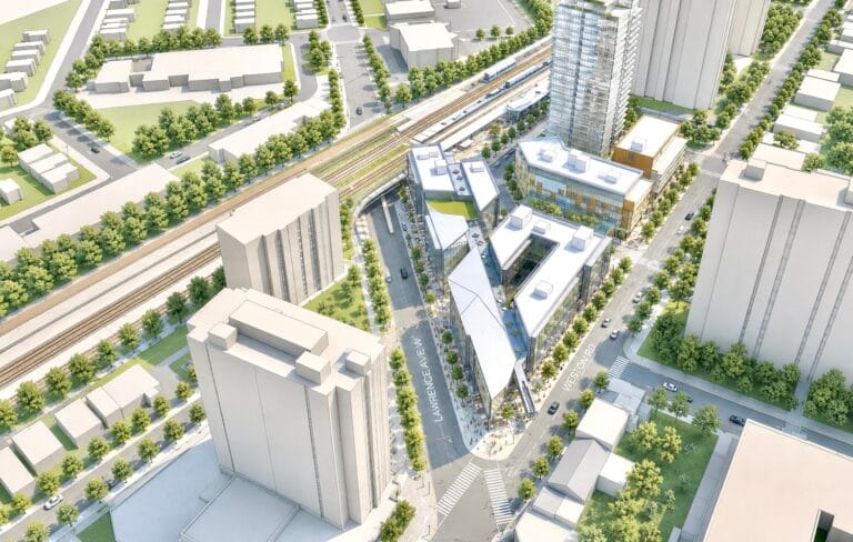 This is an aerial sketch rendering of Urban Strategies’ Master Plan for the Weston Station in Toronto.