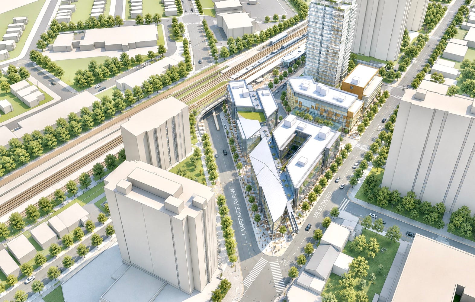 This is an aerial sketch rendering of Urban Strategies’ Master Plan for the Weston Station in Toronto.