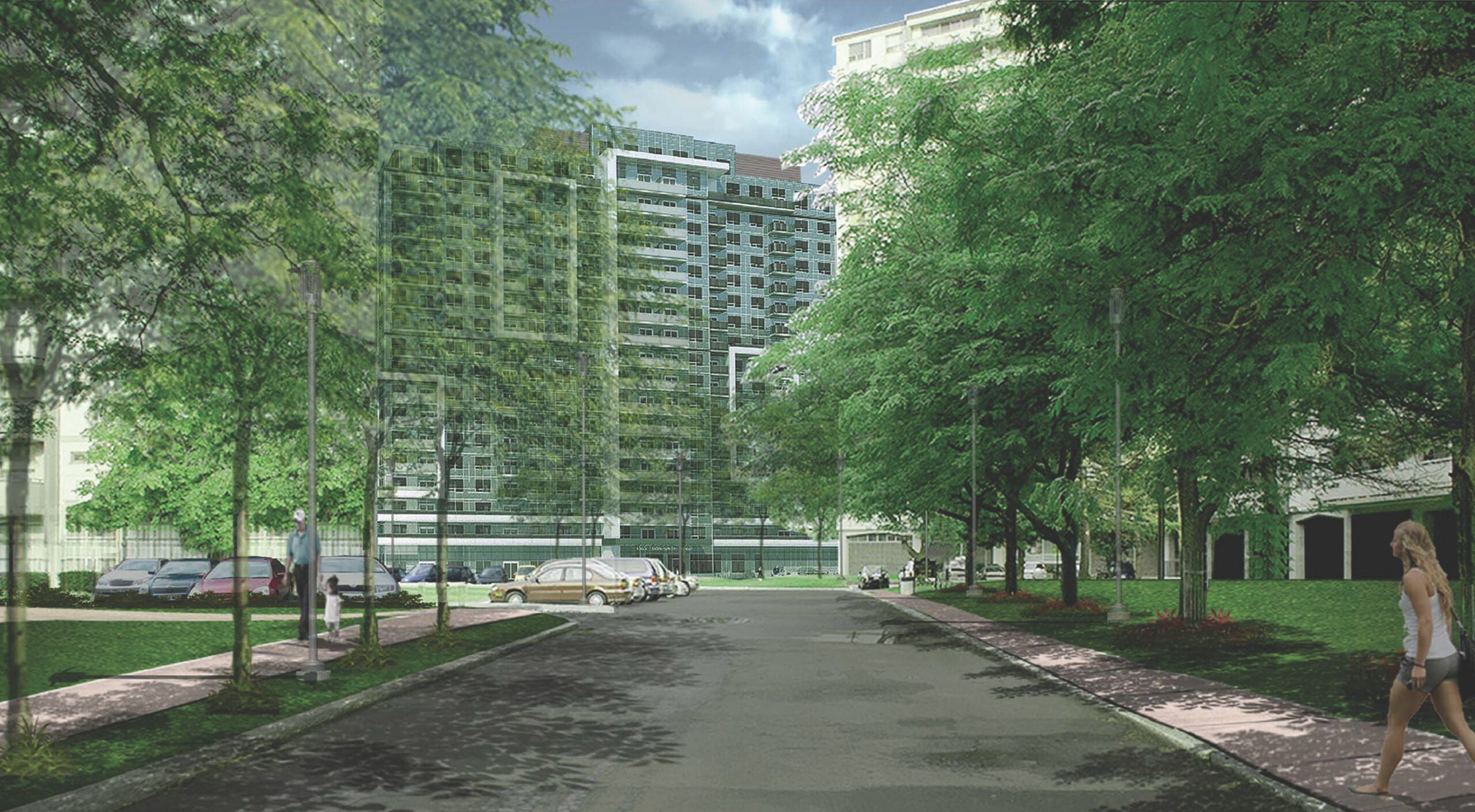Rendering of Danforth Village where someone is walking by.