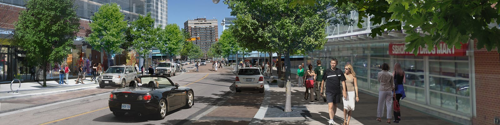 Rendering f people walking and driving along the Kingsway.