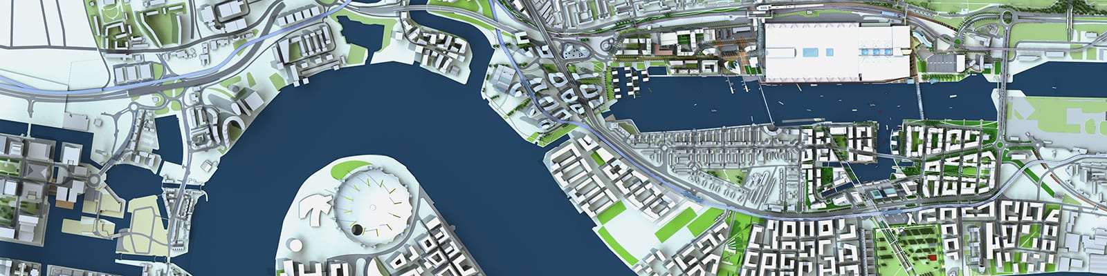 Aerial view rendering of the London Docklands.