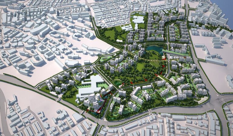 Conceptual plan of Punggol, Singapore with the estate in green and the rest of the city in grey.