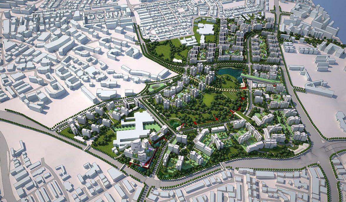 Conceptual plan of Punggol, Singapore with the estate in green and the rest of the city in grey.