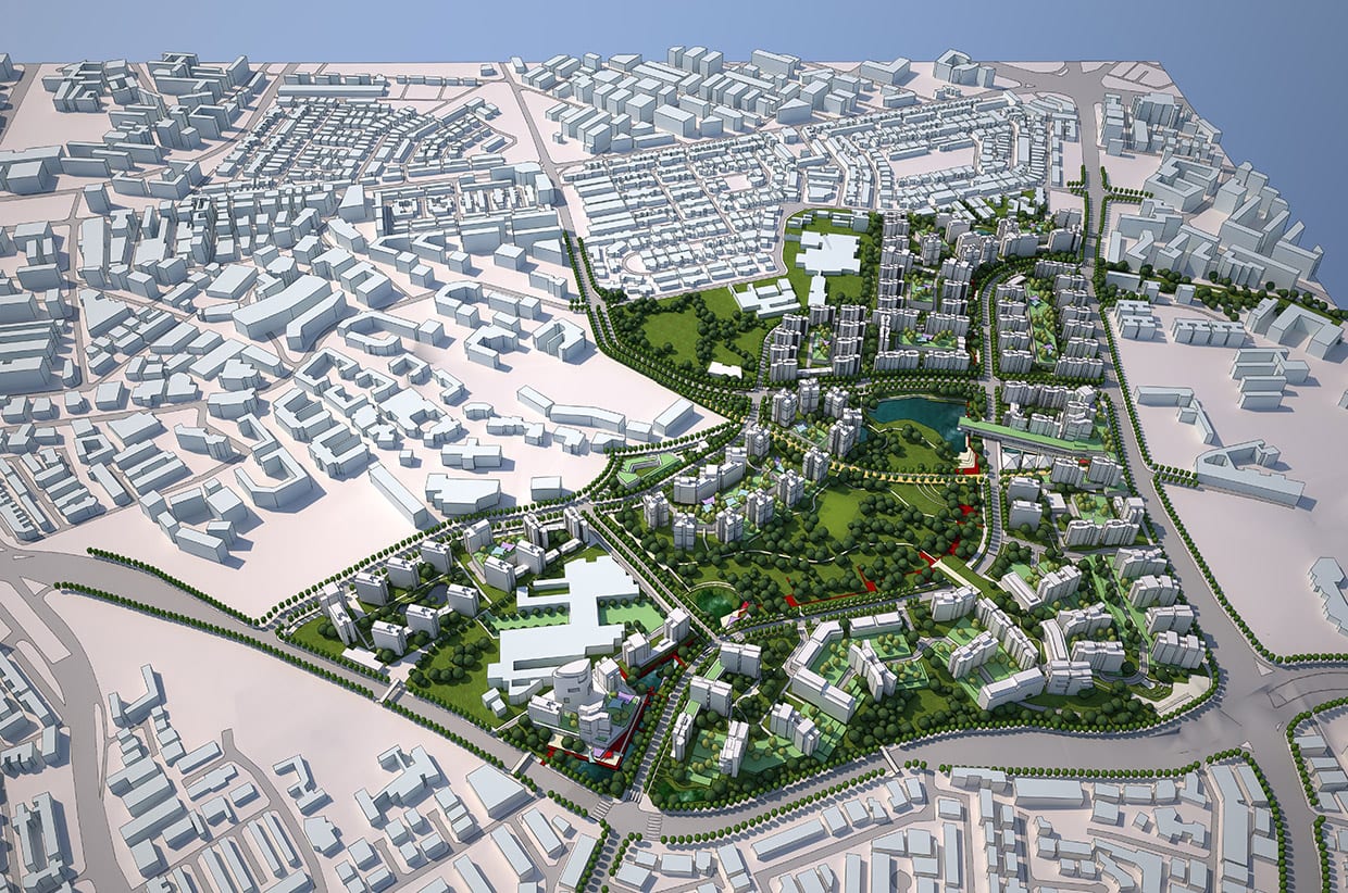 Conceptual plan of Punggol, Singapore with the estate in green and the rest of the city in grey.