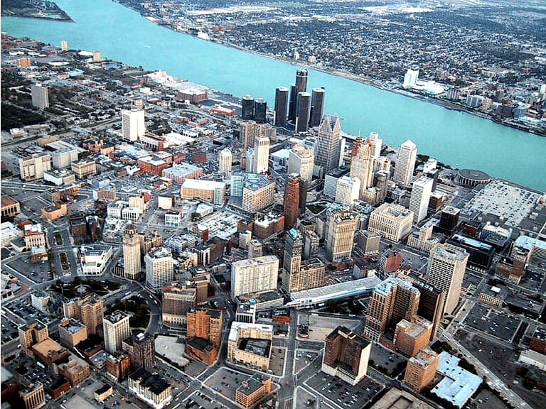 Aerial view of Downtown Detroit.