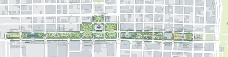 Conceptual plan of St Louis Gateway Mall Park Plan within a larger neighbourhood.
