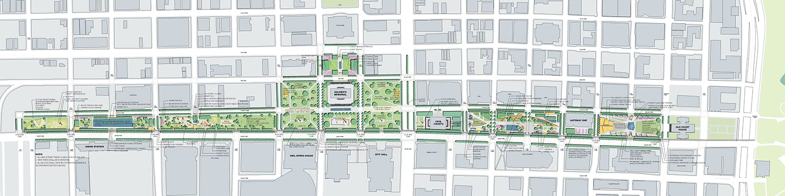 Conceptual plan of St Louis Gateway Mall Park Plan within a larger neighbourhood.
