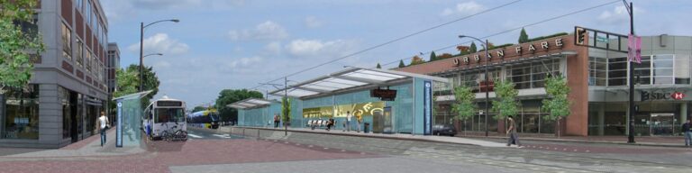 Rendered image of outdoor platform for LRT within an urban space,