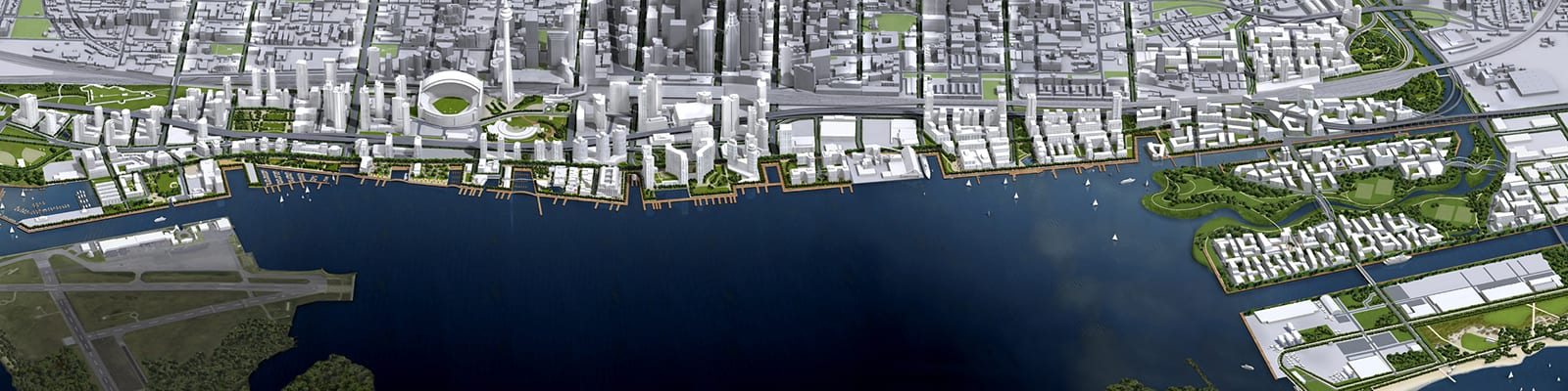 Rendering of Toronto's waterfront from an aerial view.