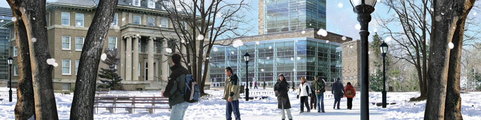 Rendering of people on campus in winter.
