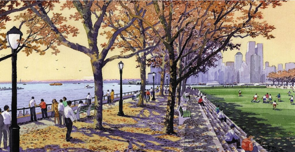 Illustrative rendering of people using a waterfront park in the fall.