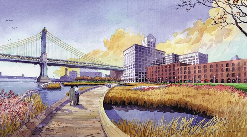 Illustrative rendering of people walking along a boardwalk.