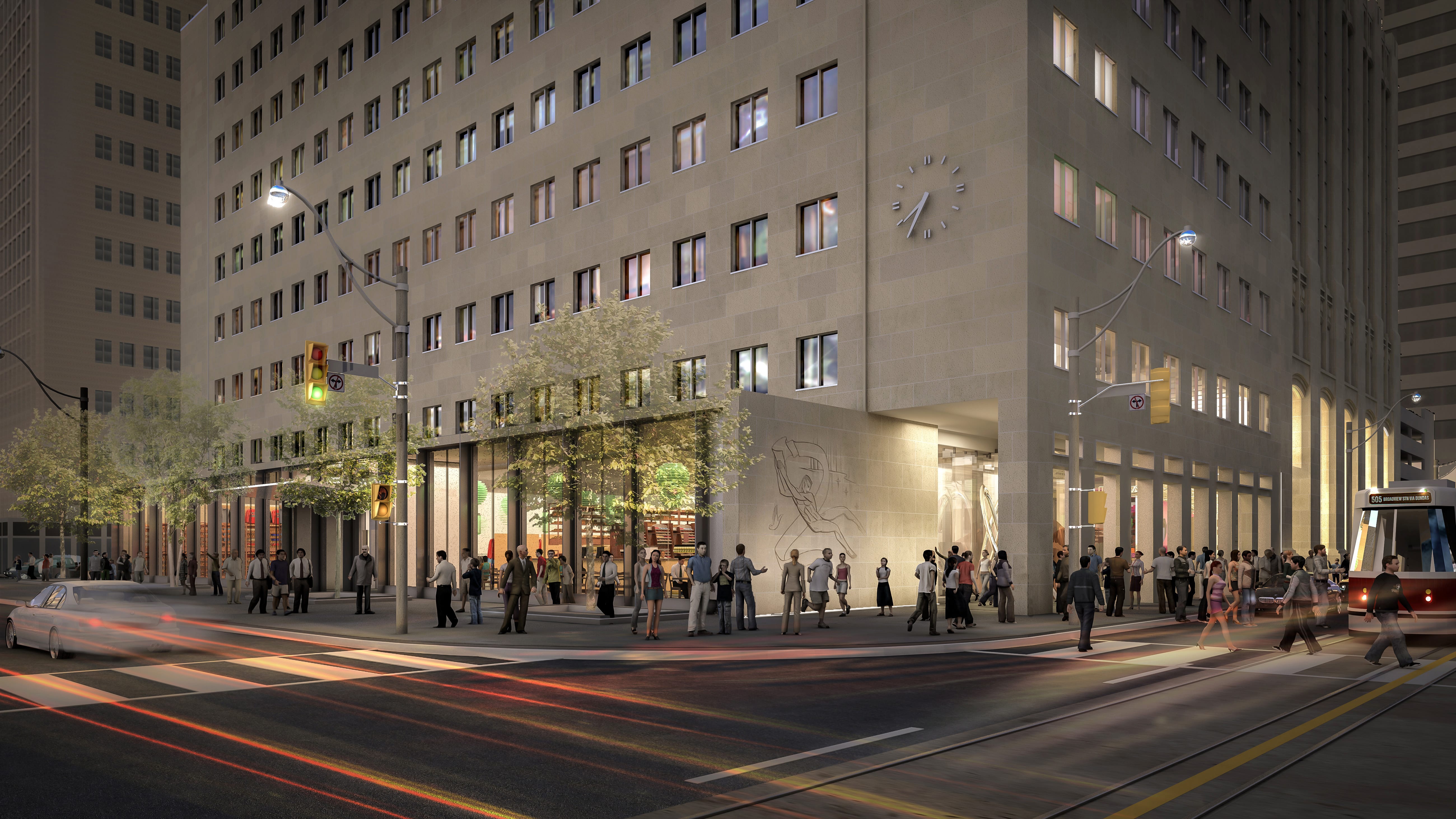 Rendering of streetscape featuring people walking across a road and public transit passing through.