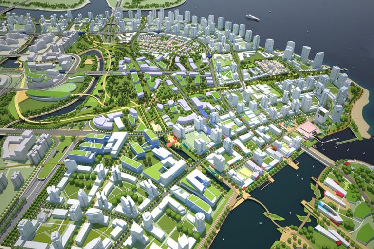 Rendering of a large development in Singapore with ample green space.