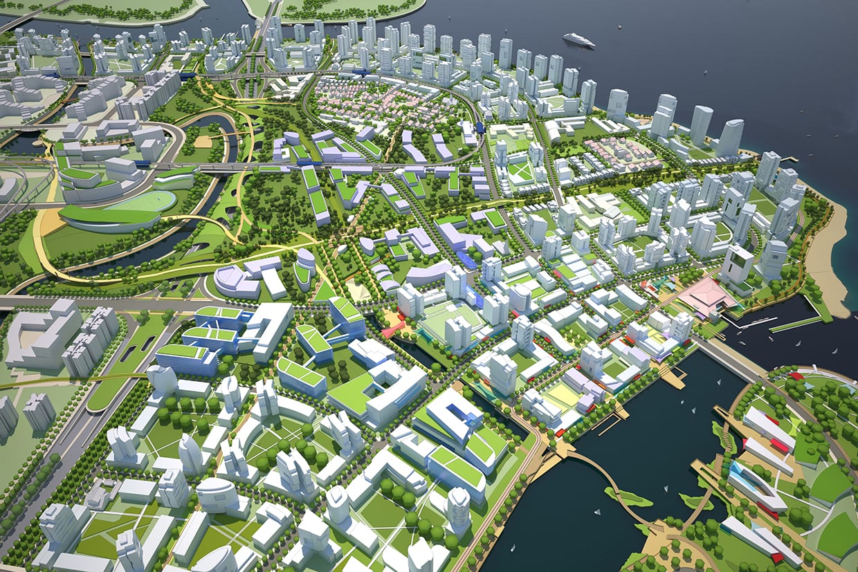 Rendering of a large development in Singapore with ample green space.