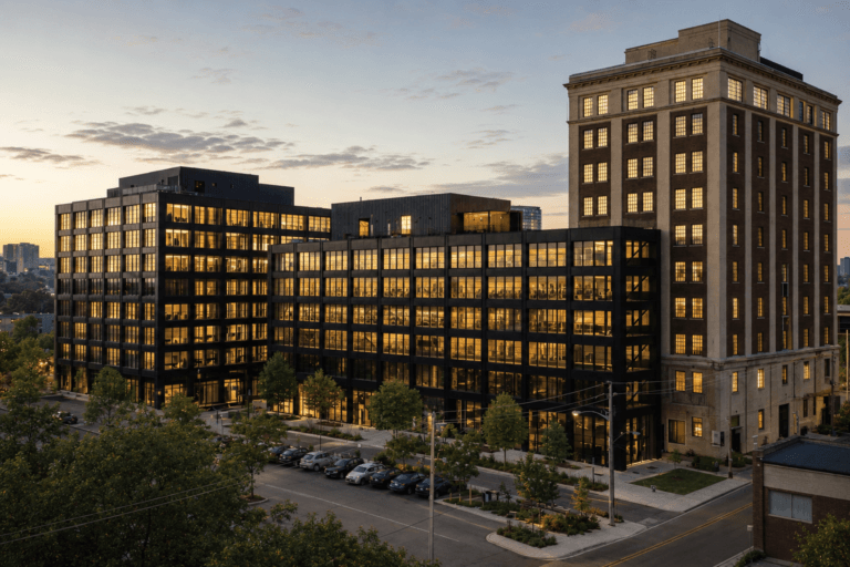 an image of the new building as well as restored existing building in the Sterling Road Redevelopment