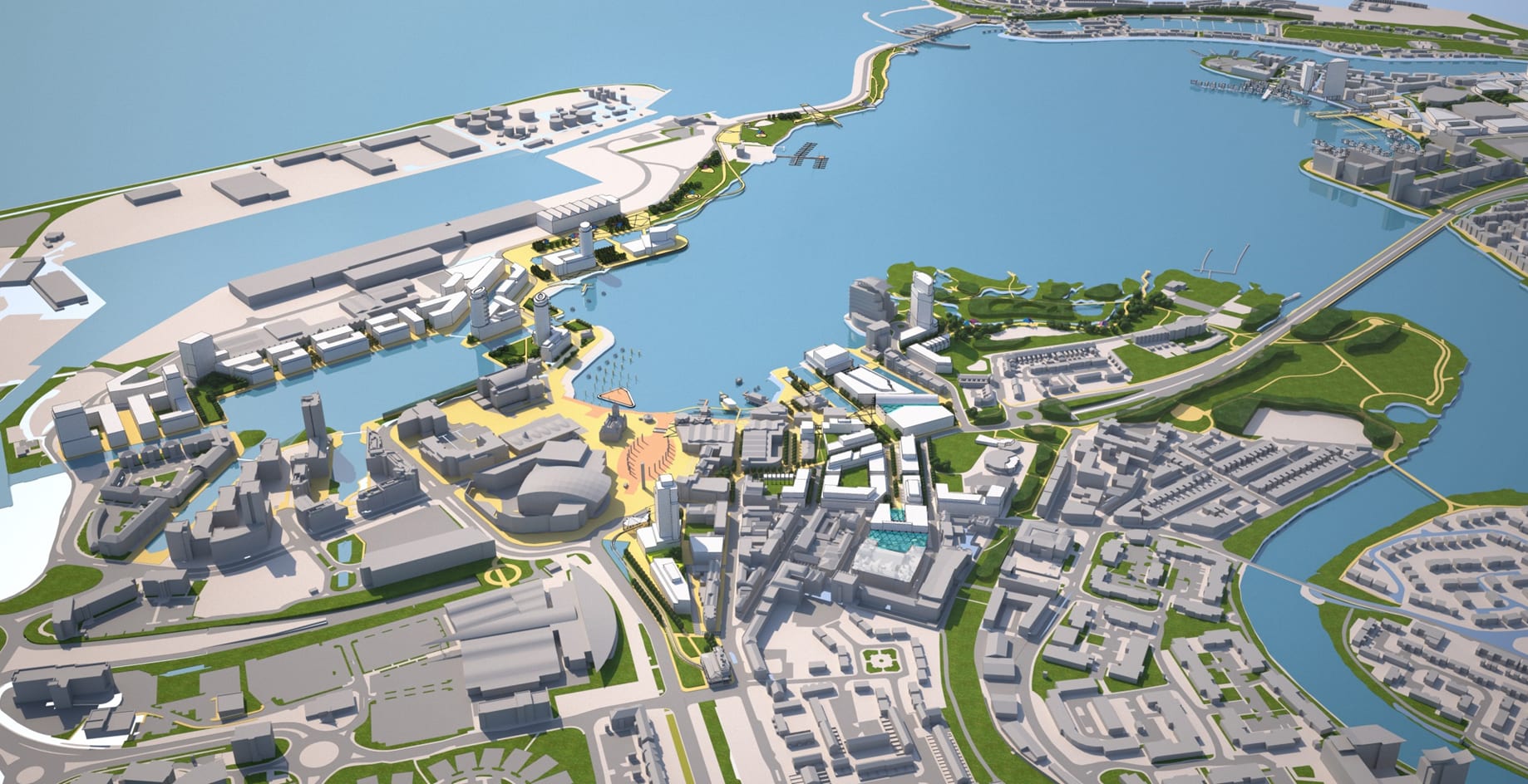 Cardiff Bay waterfront master plan aerial rendering