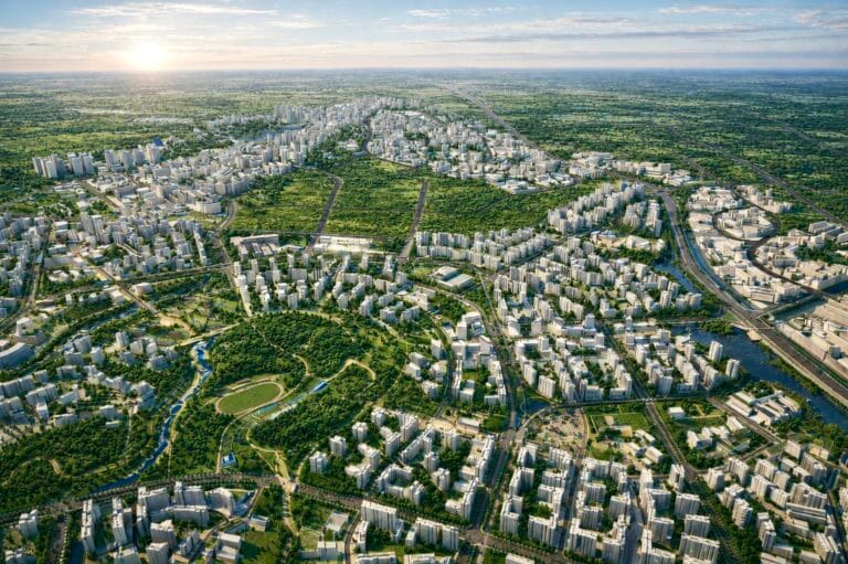 Aerial rendering of the Tengah Town Master Plan town centre.