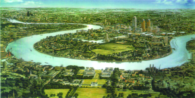 Aerial rendering of Canary Wharf