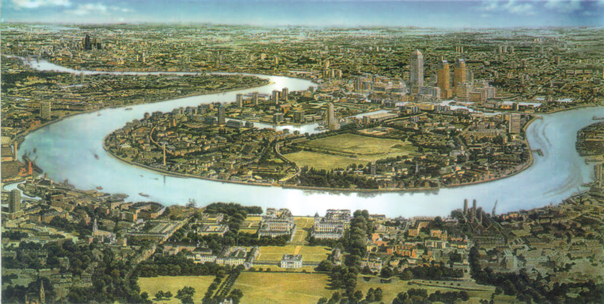 Aerial rendering of Canary Wharf