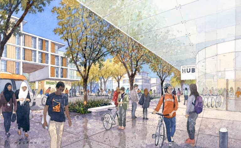 Streetview illustrative rendering of people walking on campus.