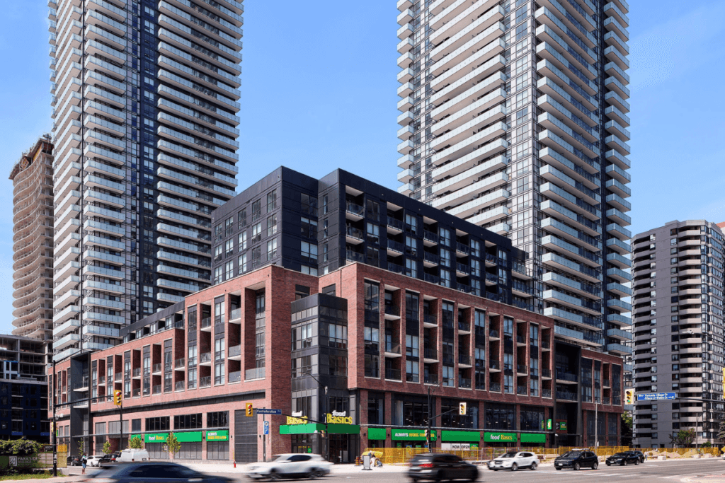 Images of the buildings that have been built in Parkside Village
development in Mississauga.