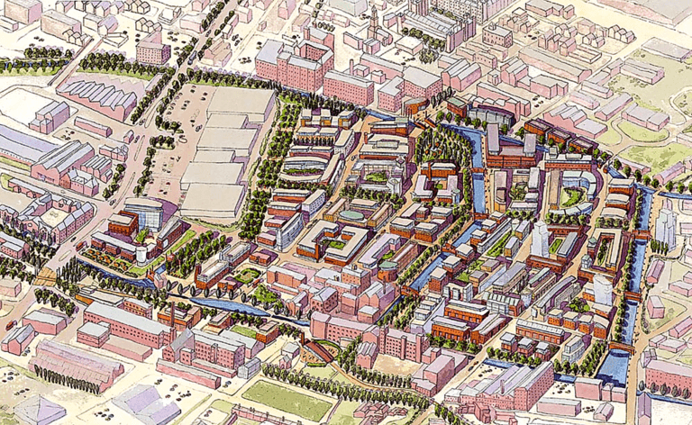 Image of an aerial colour sketch of the East Manchester neighbourhoods that the Urban Strategies plan focused on.