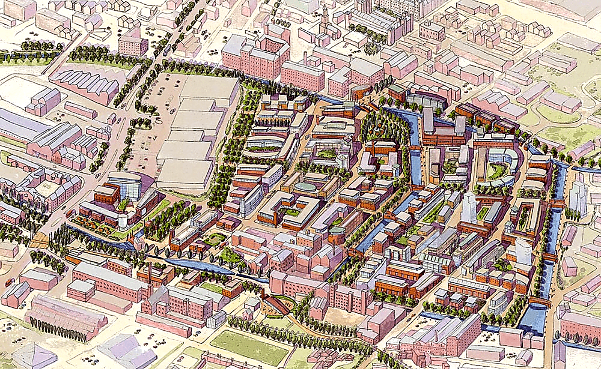 Image of an aerial colour sketch of the East Manchester neighbourhoods that the Urban Strategies plan focused on.