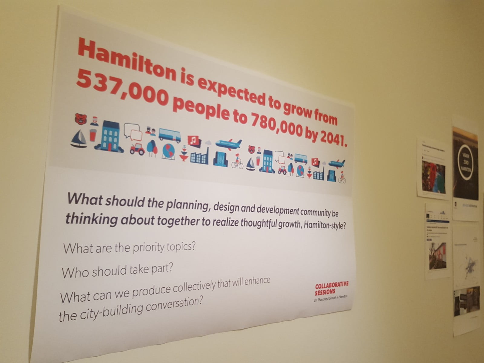 Photo of poster that reads: "Hamilton is expected to grow from 537,000 people to 780,00 by 2041."