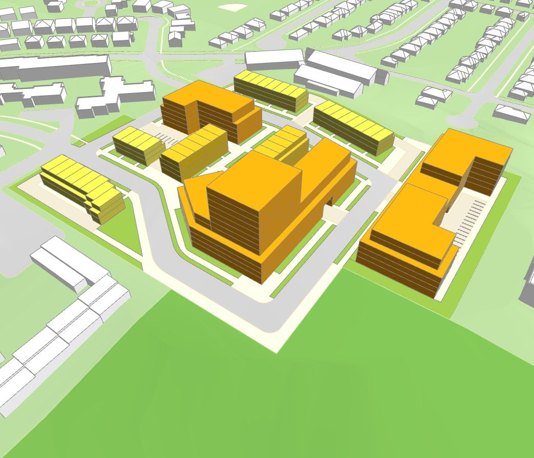 Region of Durham social housing aerial rendering.