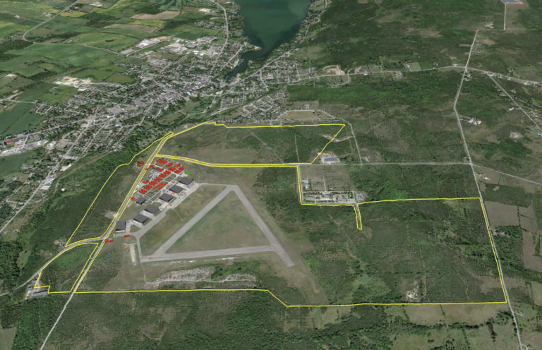 Aerial photo of Loch-Sloy business park and Picton Airport with clearly delineated border.