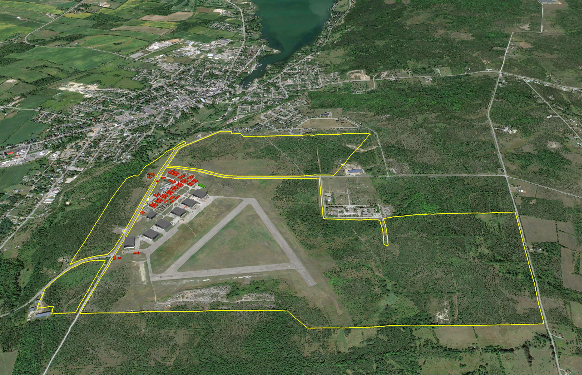 Aerial photo of Loch-Sloy business park and Picton Airport with clearly delineated border.