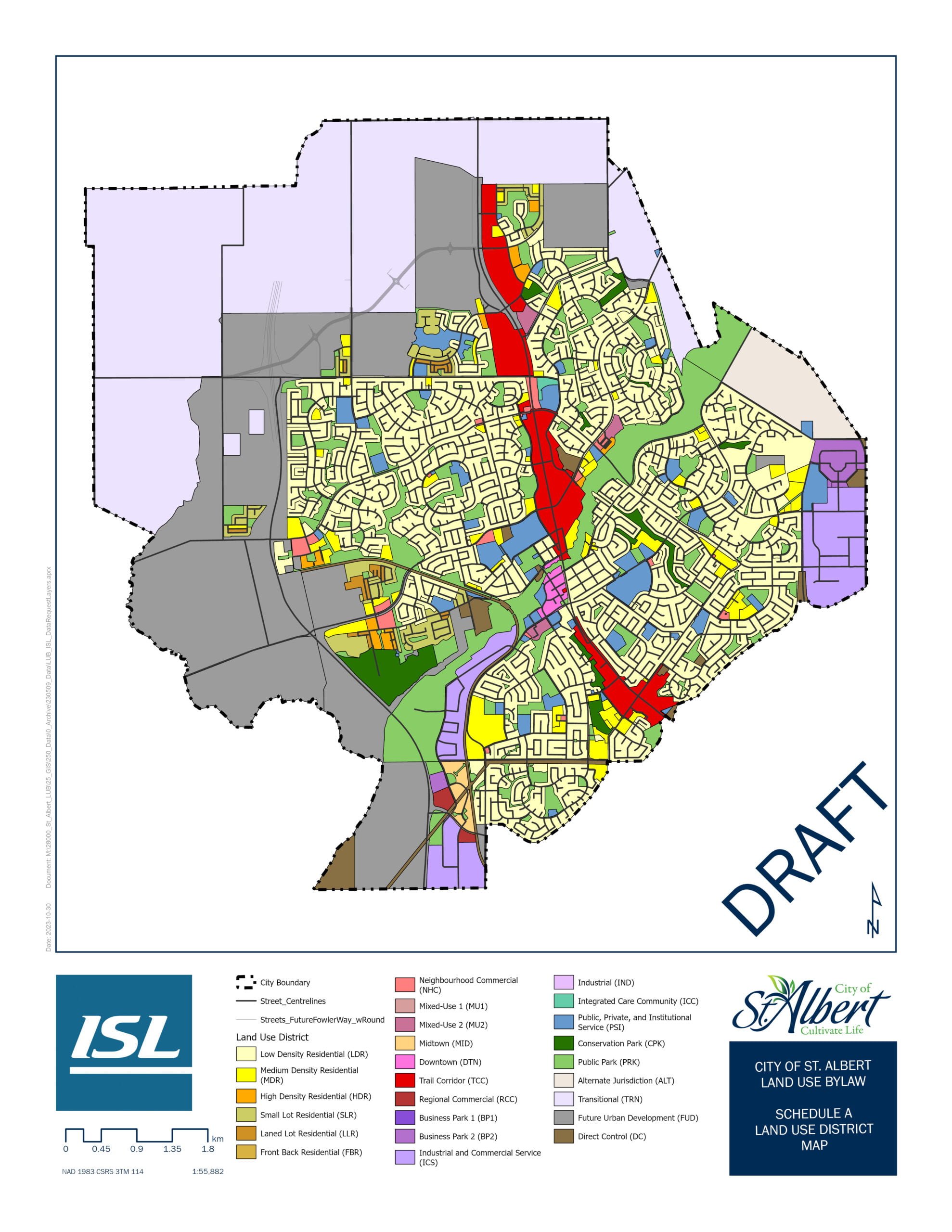 St. Albert Land Use By-law land use district map.