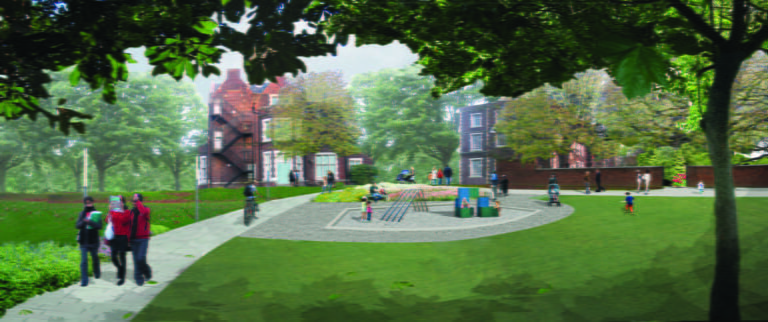 Rendering of a playground and park at the Springfield University Hospital.
