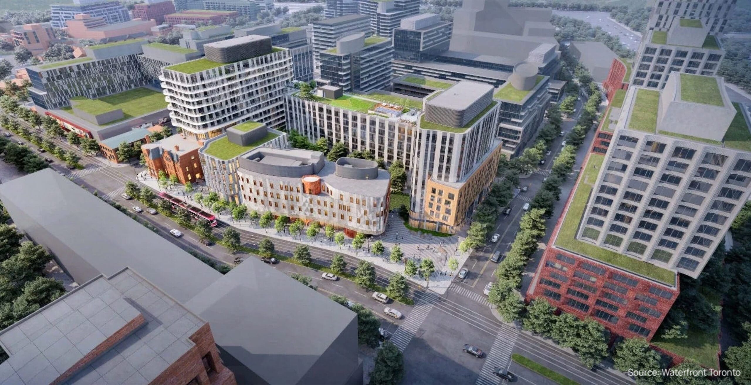 A rendering showing an aerial view of the Indigenous Hub
