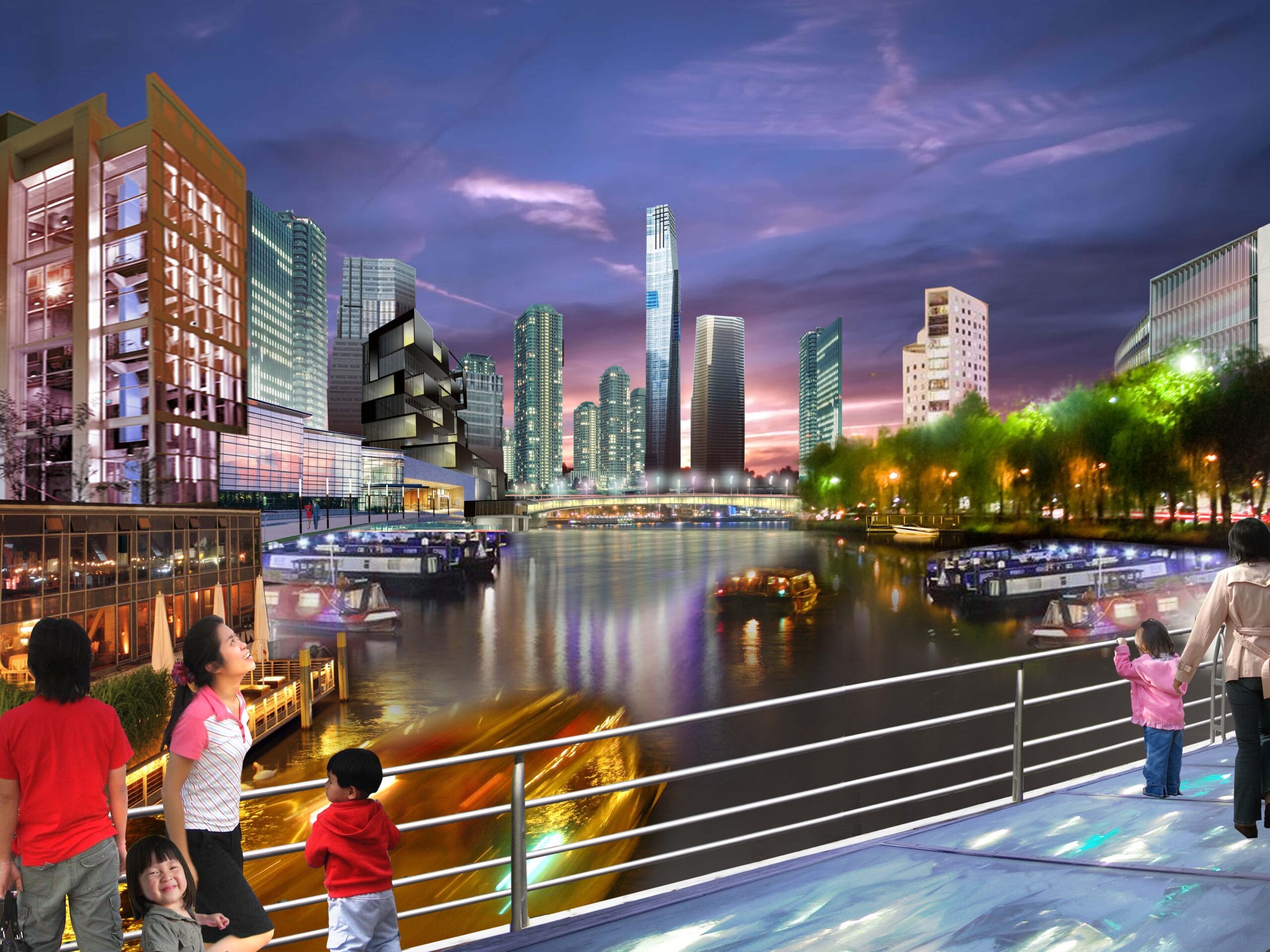 Rendering of image of people walking along the waterfront looking at boats and the city skyline.