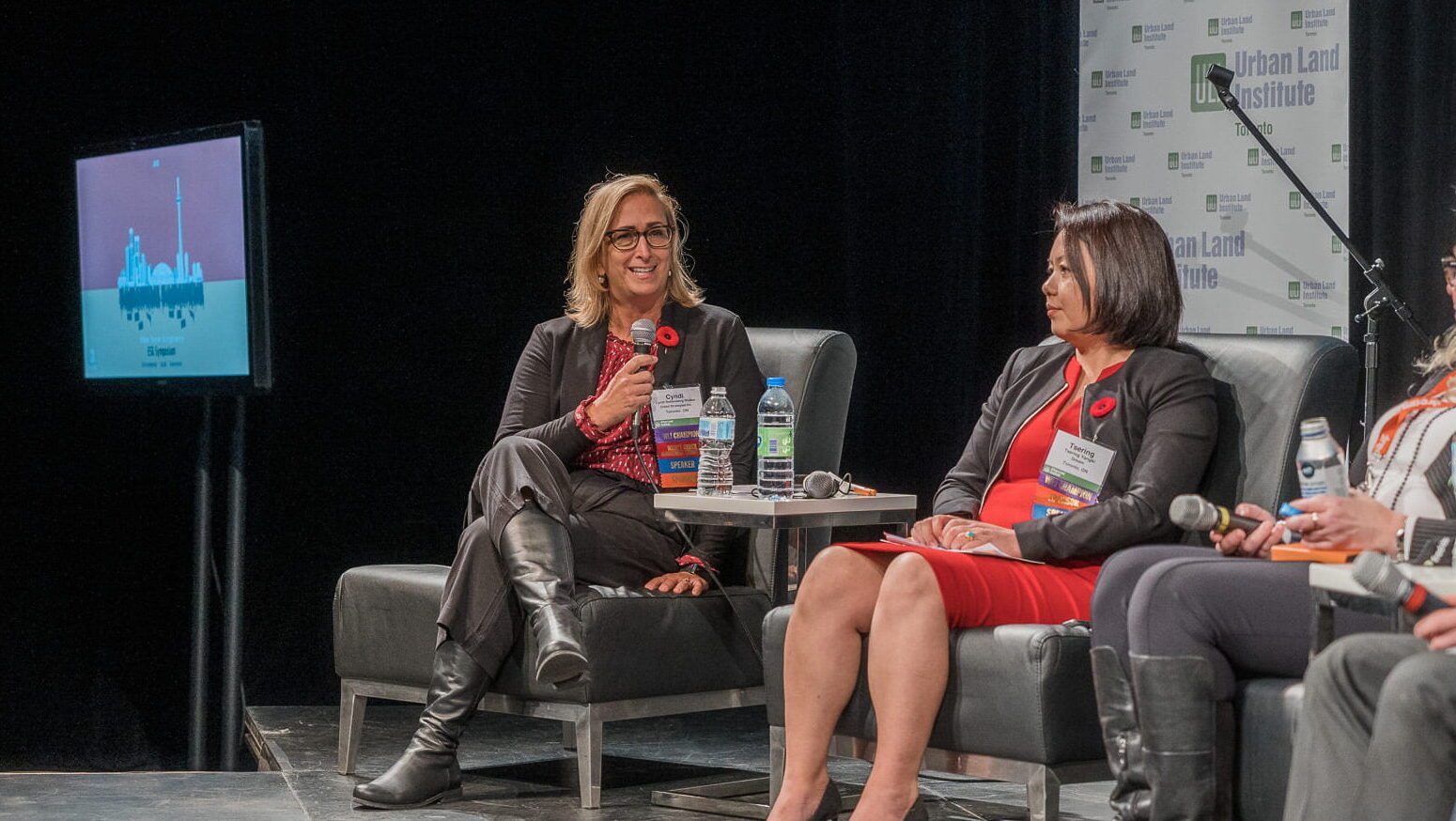 Photograph of a person speaking as part of a panel.